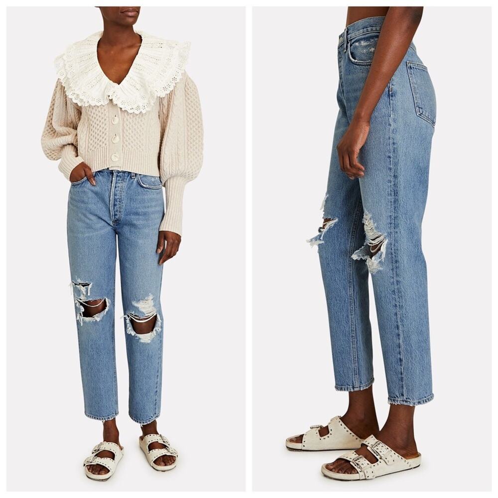 AGOLDE Fen Cropped Distressed High Rise Straight Leg Jeans Wander Light Wash